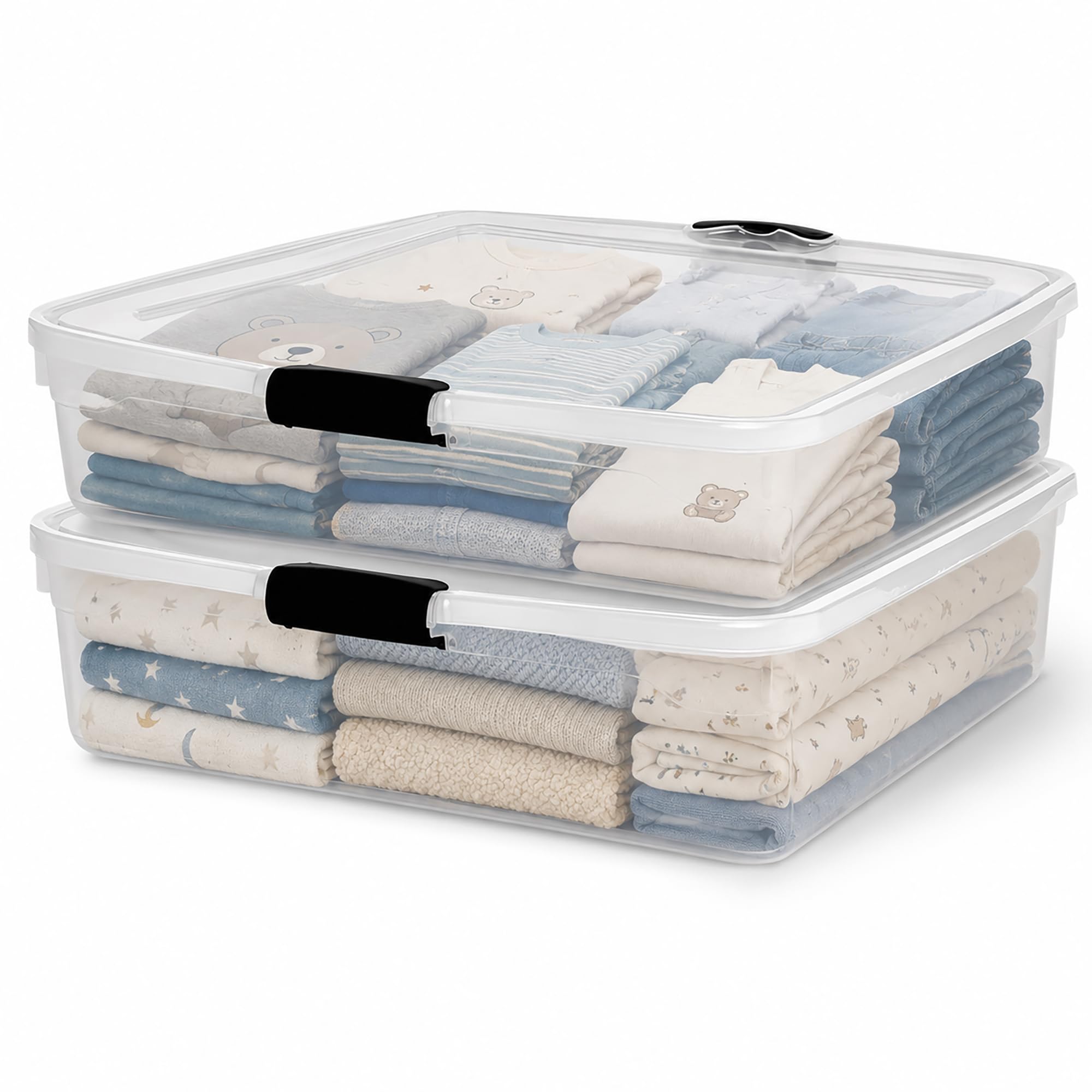 Homz Confezione da 2 contenitori sottoletto, contenitori in plastica trasparente con coperchio, 56 l, chiusura grigia, impilabili sotto il letto, organizer per scarpe, borse, vestiti e asciugamani