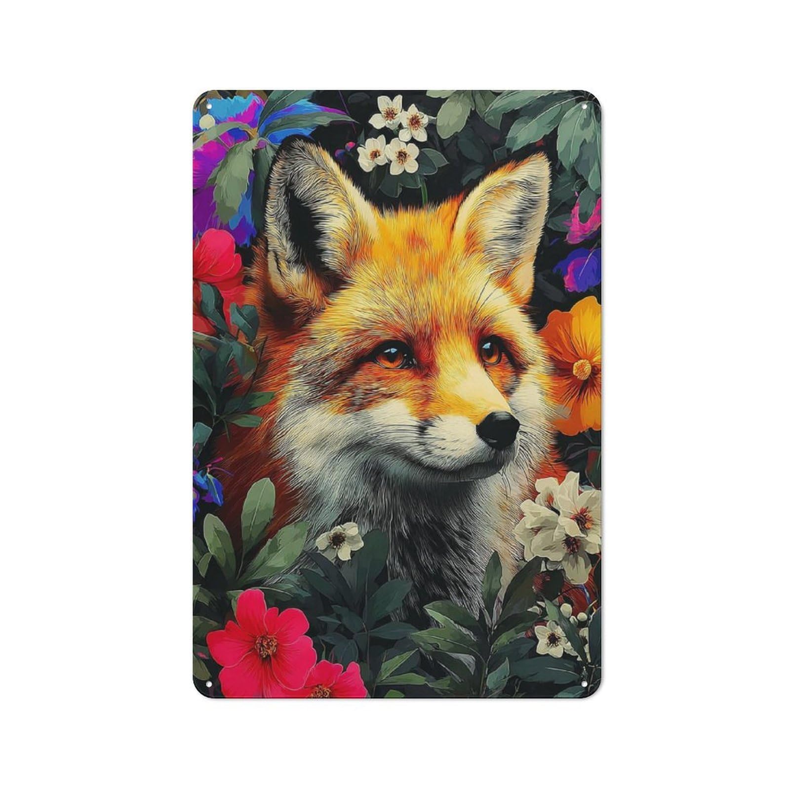 Junmoney Fox Amidst Flowers -1 Rustic Metal Wall Decor 30X20cm, Decorative Tin Sign For Farmhouse Kitchen, Pantry Or Dining Area