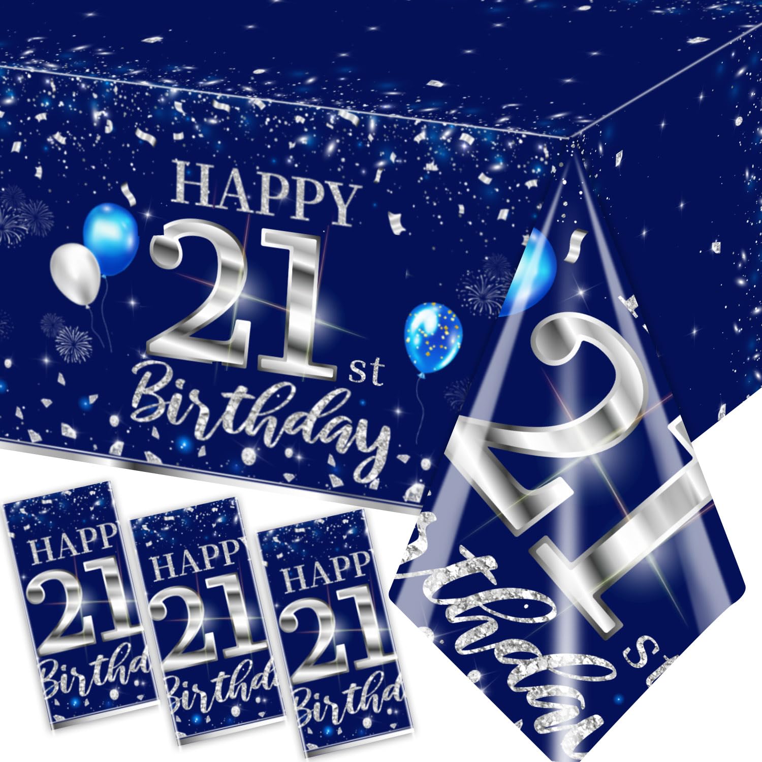 GREHUMOR 3pcs Silver Blue Happy Birthday Tablecloth - Waterproof Plastic Table Cover for 21st Birthday Party Supplies