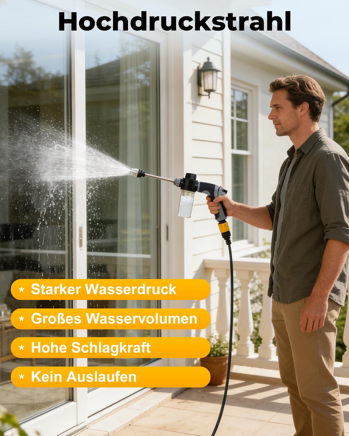 Power Jet Hochdruckpistole Gartenschlauch, Hochdruckdüse für Gartenschlauch für Auto, Terrasse & Gartenreinigung Mit 3 Verstellbaren Sprühmustern, Hinweis: Wasserdruck Abhängig vom Hauswasseranschluss