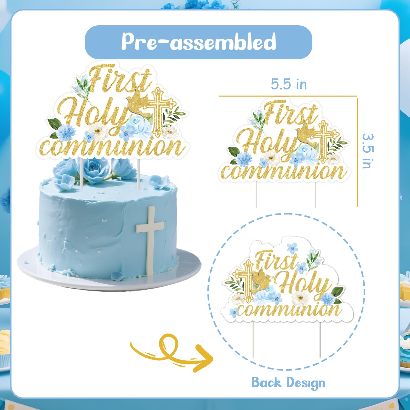Jollyboom First Holy Communion Decorations for Boys Blue, 25pcs Holy First Communion Cake Cupcake Toppers Cross Dove Grail Cake Decor for Confirmation Baptism Christening Day Party Supplies - Image 4