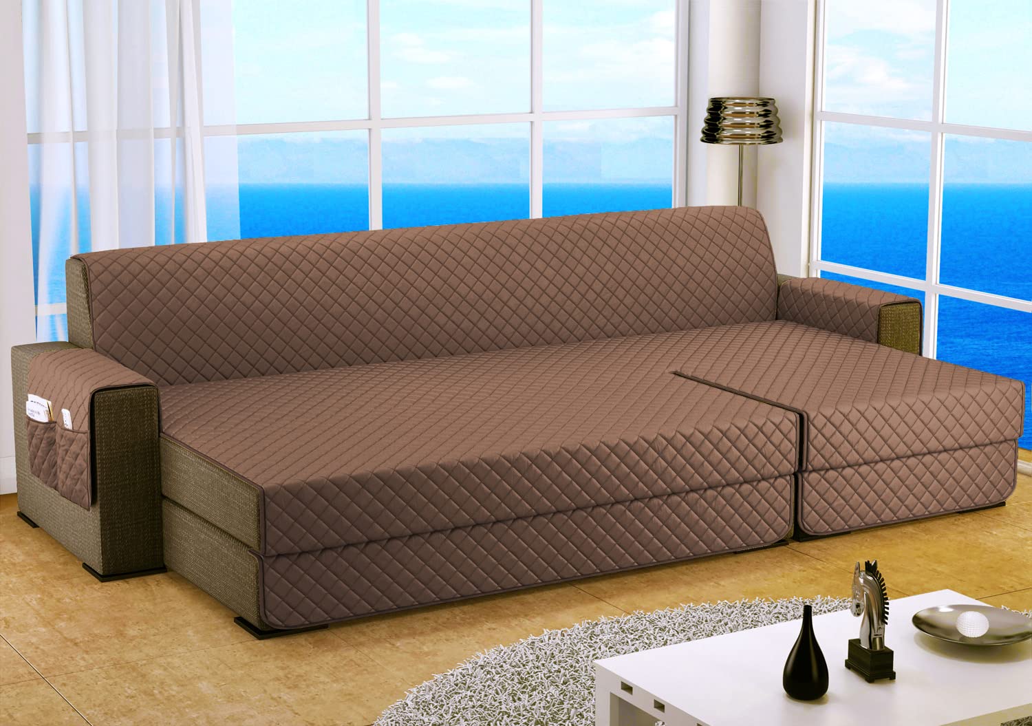 Copridivano 3 Posti con Penisola (L 250 CM), Copridivano Penisola Destra/Sinistra Universale Reversibile, Copridivano Impermeabile Antigraffio Indispensabile per Animali Domestici - Marrone Chiaro