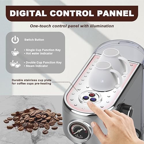 Miniatura 4 de Máquina de café expreso de 20 bares, cafetera de café con espumador de leche, cafetera profesional de acero inoxidable con tanque de agua de 37