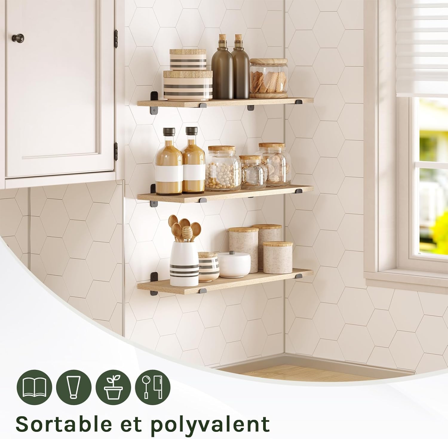 EUGAD Étagère Murale Lot 3, Étagères Flottantes, Noir+Effet de Bois Clair