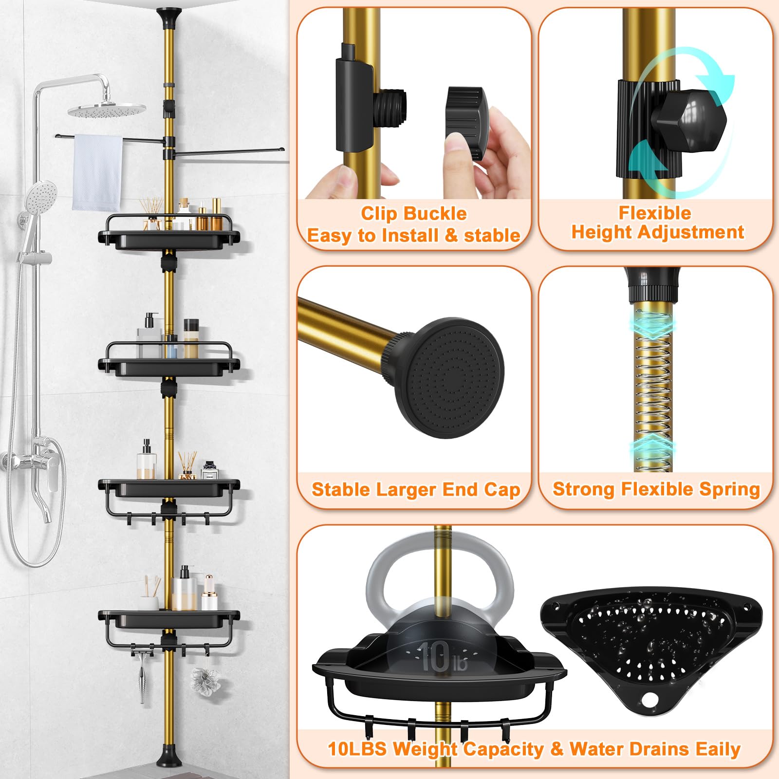 Upgrade Stabiler Dusch-Caddy mit Spannstange, Schwarz und Gold, Eck-Dusch-Caddy 18/8 Edelstahl, rostfrei, 4 Etagen, verstellbare Ablagen für Badewanne, Shampoo, Zubehör, Aufbewahrungsregal,
