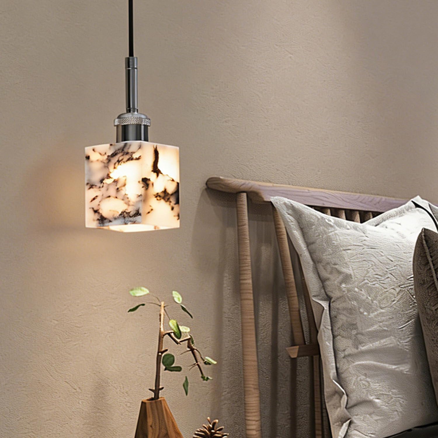 Lampa Wisząca Z Naturalnego Marmuru Kwadratowy Żyrandol Sufitowy 3,9 Cala Unikalna Tekstura Kamienia Ręcznie Polerowana Podstawa E27 Wiatr Wabi-Sabi W Stylu Hiszpańskim Do Korytarza,