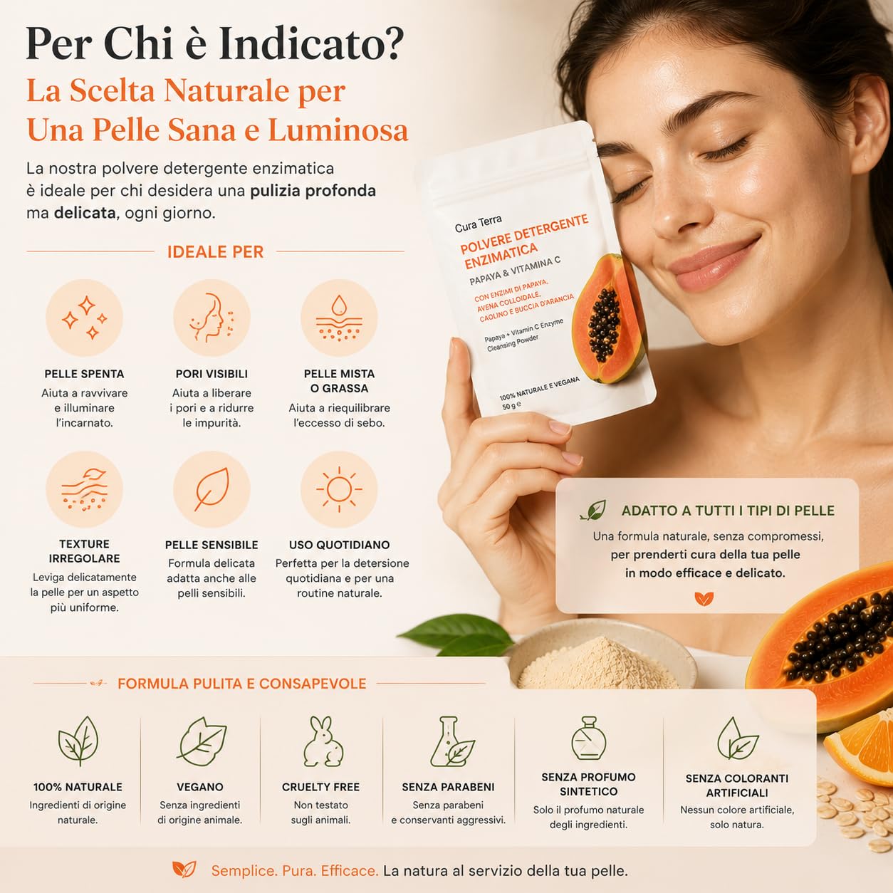Papaya + Vitamina C - Polvere detergente enzimatico viso 50 g | Esfoliante naturale illuminante con enzimi di papaia, avena colloidale, caolino e buccia d'arancia | 100% naturale e vegano