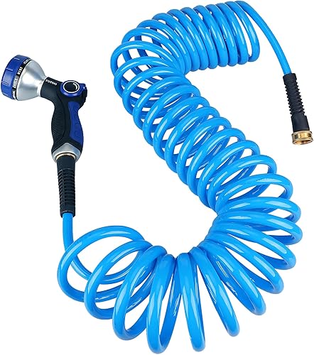 YOTOO Manguera de jardín con retroceso de poliuretano de 38 pulgadas x 33 pies, manguera de jardín resistente con boquilla rociadora, restrictor de