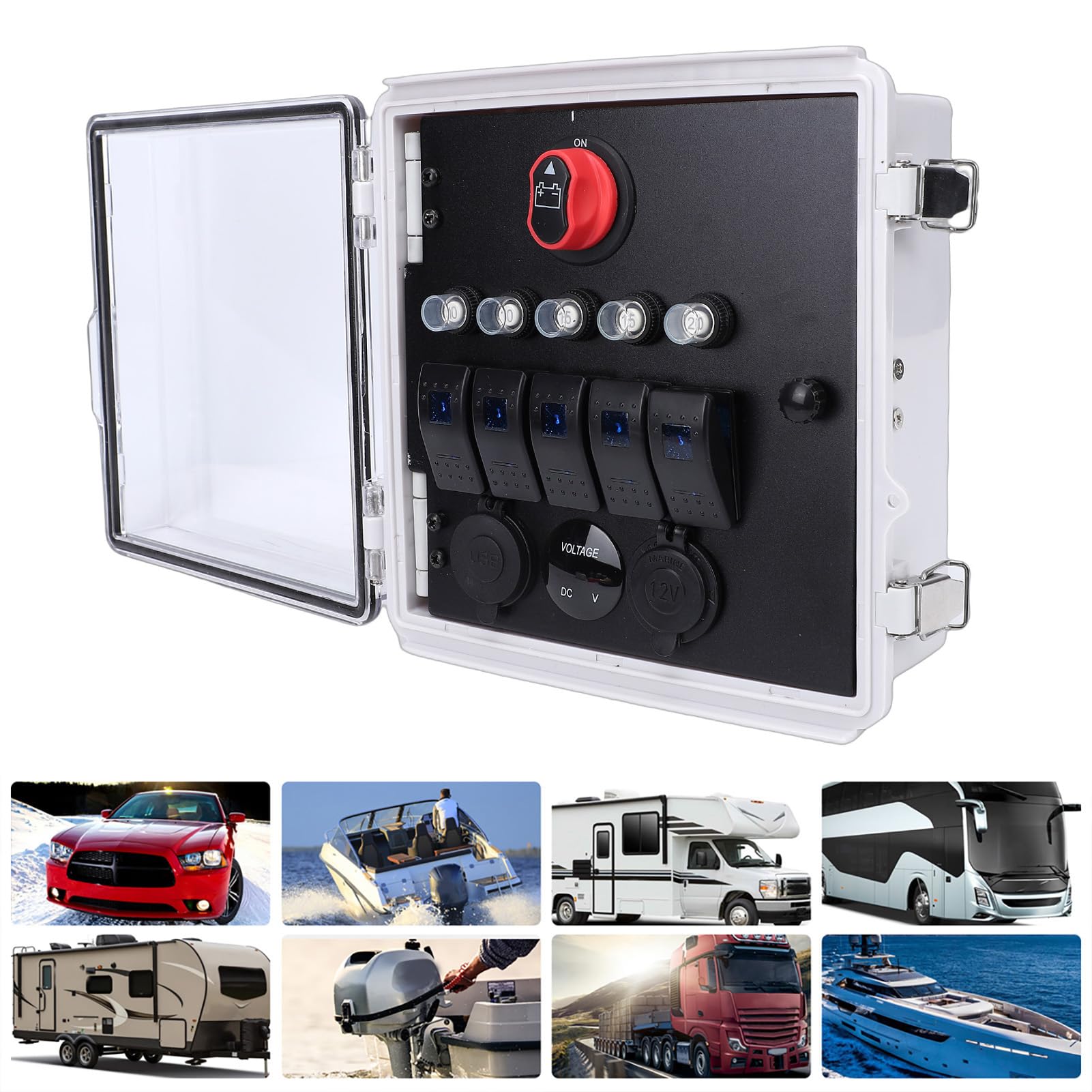Schalterfeld 5-fach mit USB Ladegerät und Voltmeter, wasserdichte Schaltbox IP67, 3-Positions Kippschalter mit LED Anzeige für LKW Wohnmobil Boot Outdoor Camping