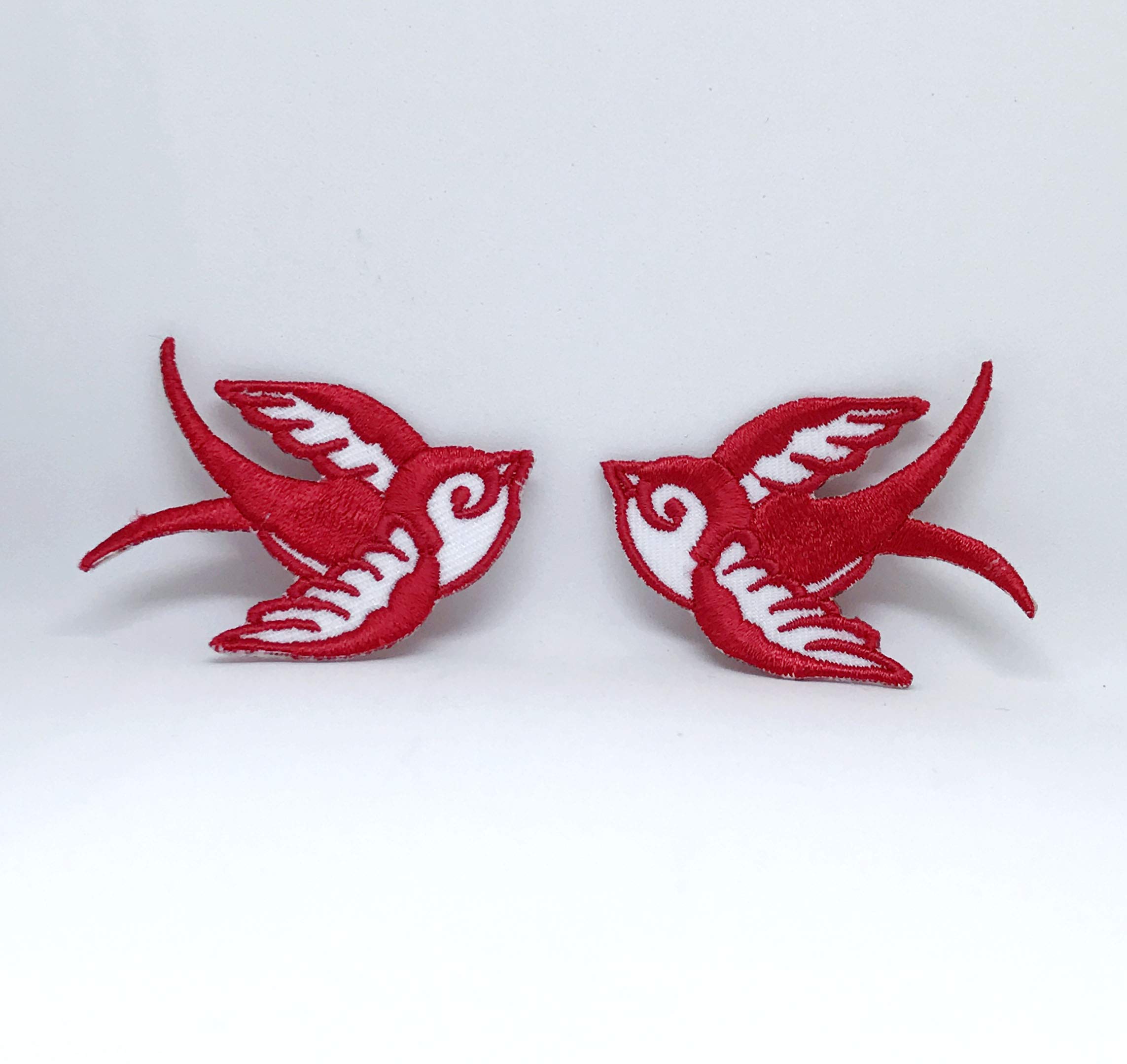 Pair of Red Swallows Rockabilly Kitsch Iron Sew On Embroidered Patch (2)