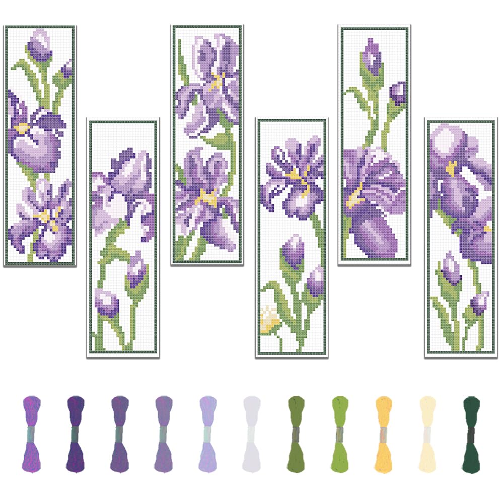 FREEBLOSS 6 Set Iris Cross Stitch Bookmark Kits Hand Embroidery Kit for Beginners Counted Cross Stitch Kit DIY Bookmark Kit Full Cross Stitch Embroidery Kit for Women Hobby 22 * 8cm