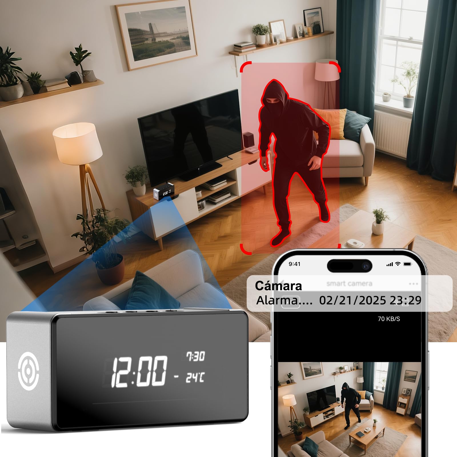 Cámara Espía Oculta 4K WiFi, Detección Movimiento | mini camara espia,visión nocturna, Ángulo de giro, app móvil, monitor bebé/mascota, alertas en tiempo real