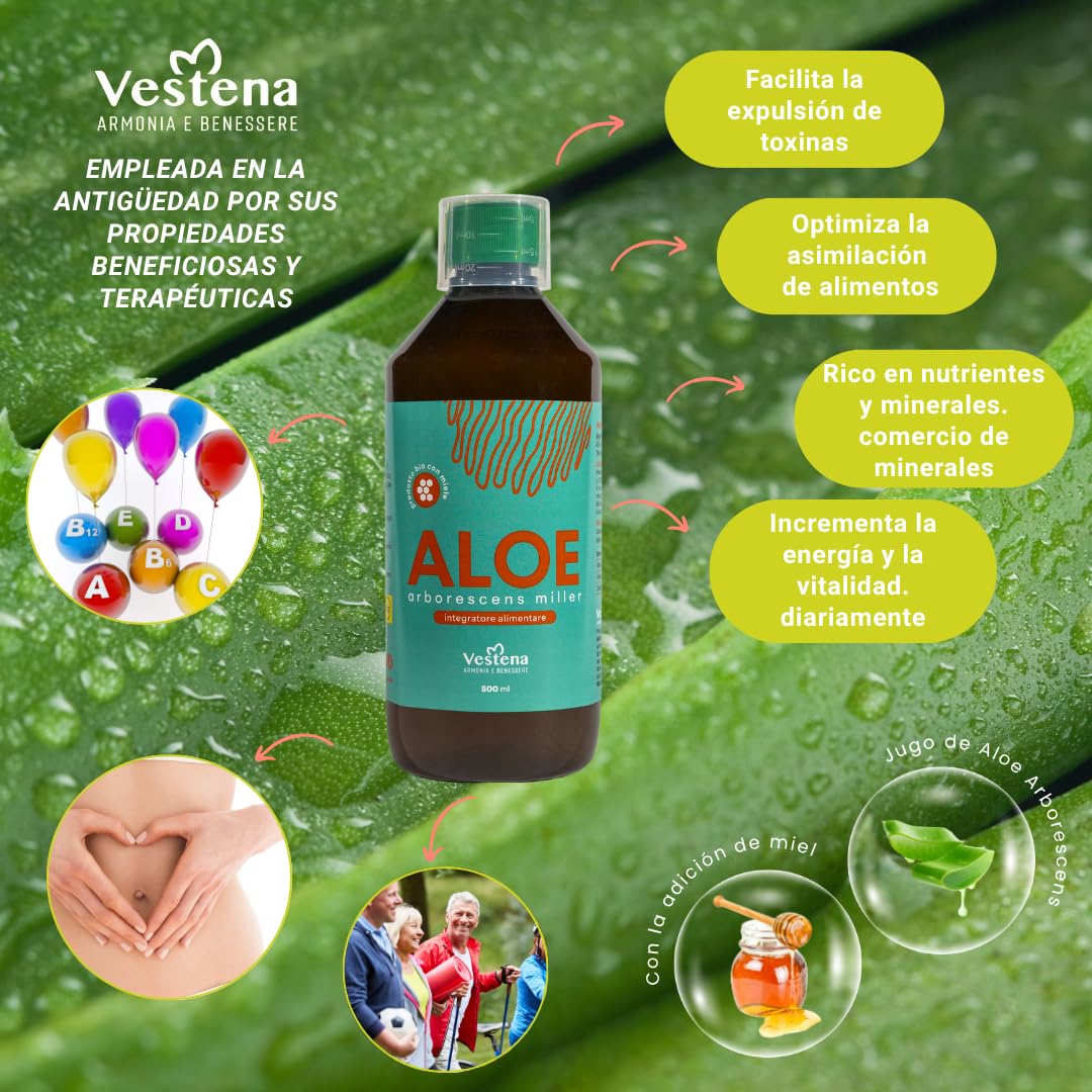 Vestena - Aloe Arborescens 100% Puro y Natural con Miel, Receta del Padre Zago. Jugo Detox Natural para Hígado e Intestino, Drenaje Potente - 500 ml - Made in Italy