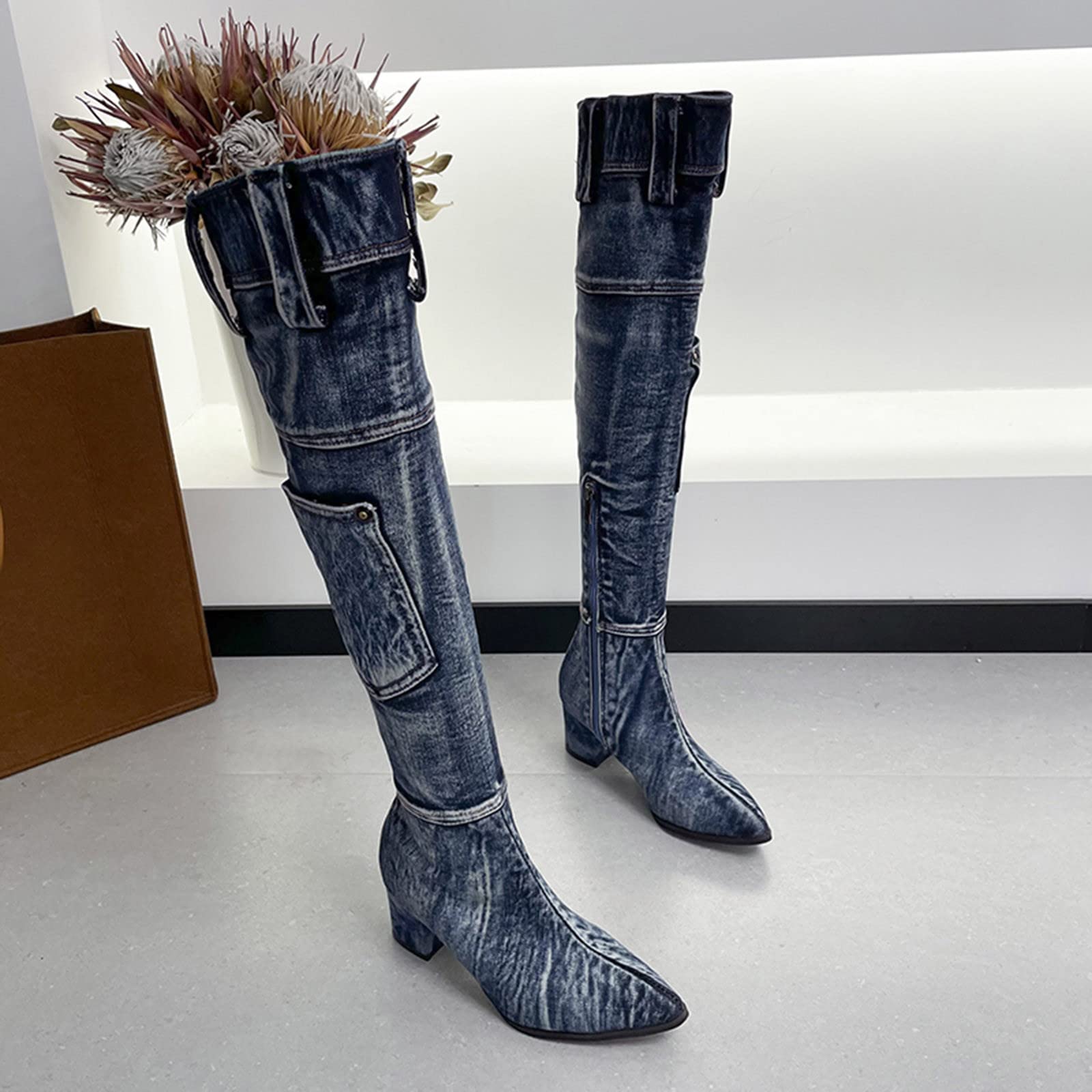 Stivali sopra Ginocchio Elasticizzati alla con Tacco in Denim Solido Vintage da Donna Stivali Gomma Alti 43 Anfibi Donna Pelle