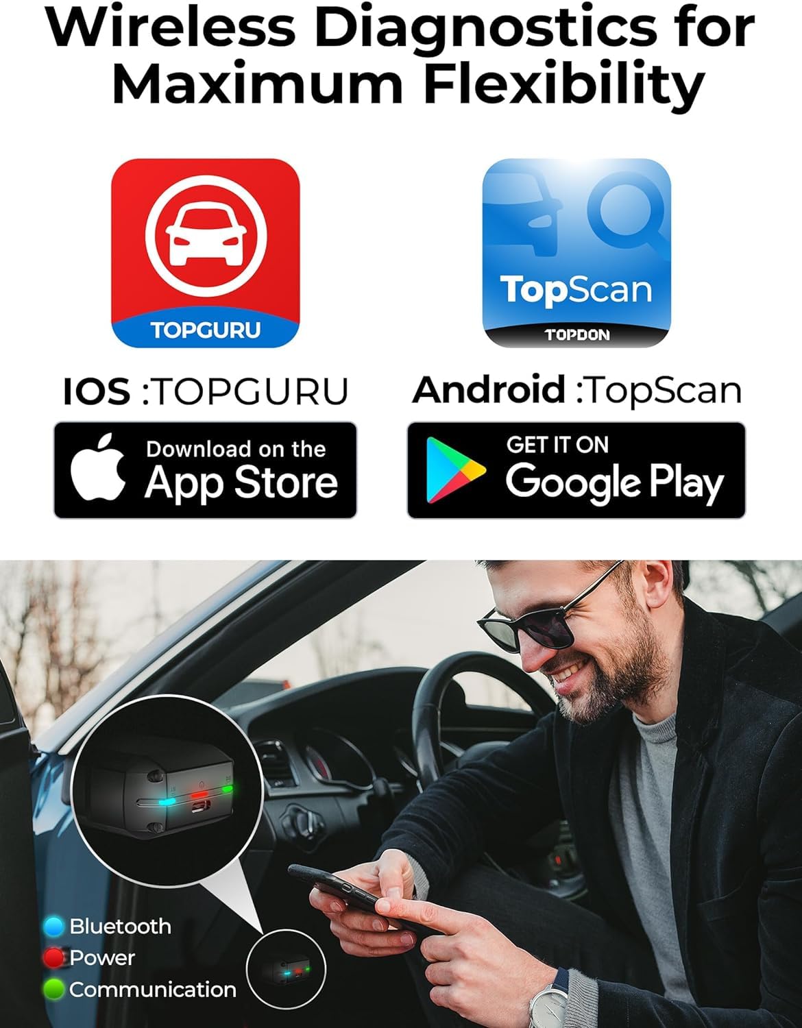 TOPDON Topscan Lite OBD2 Scanner Bluetooth, OBDII WiFi per Tutti Gli Strumenti di Diagnostica del Sistema, Test Attivo, Controllo del Lettore di Codici Auto Motore, Test delle Prestazioni del Veicolo