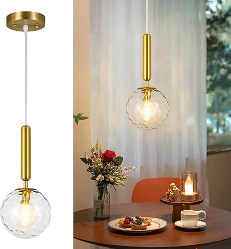 FDPBY Moderna lámpara colgante colgante para isla de cocina, colgante dorado de mediados de siglo con vidrio globo para dormitorio, baño, entrada