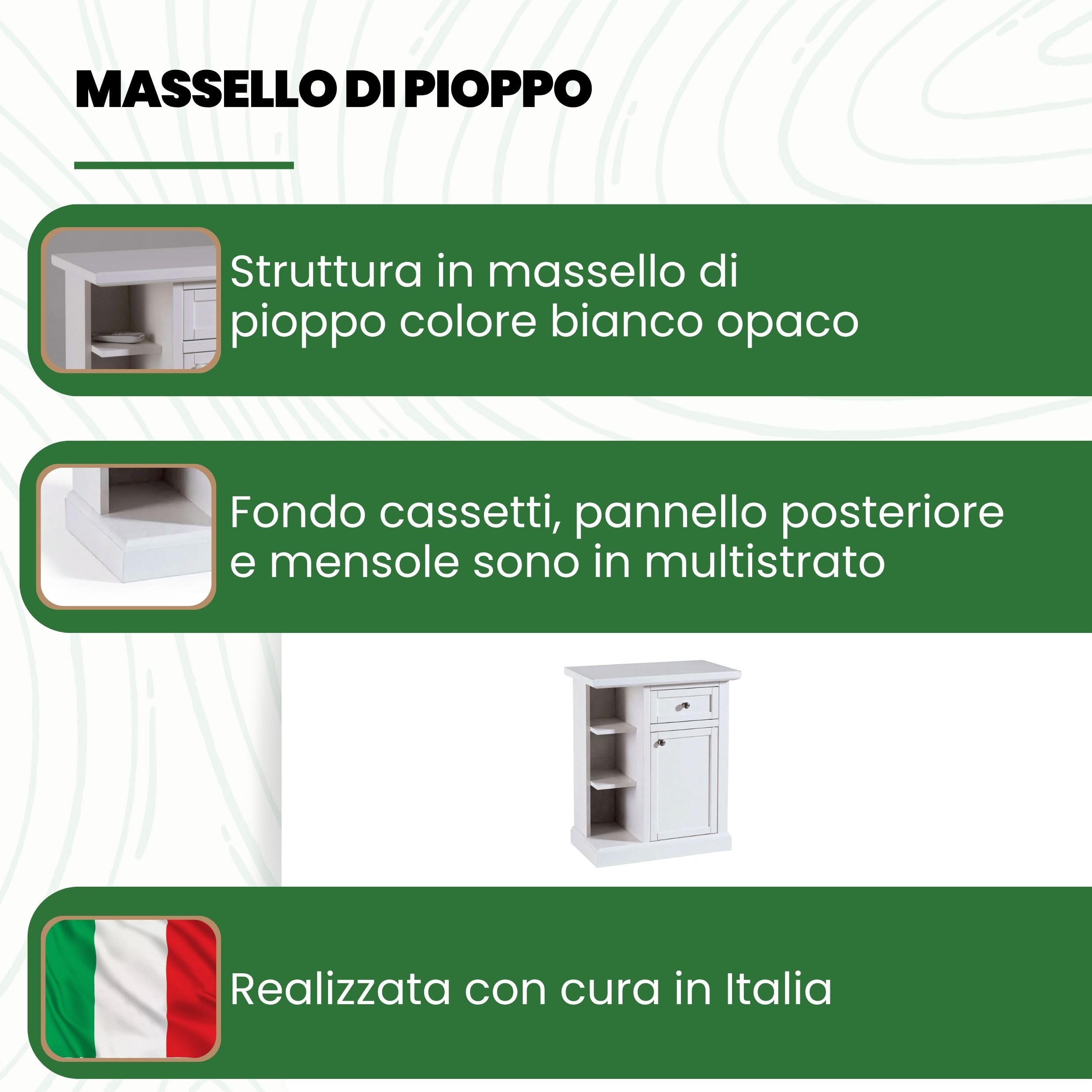 Mar.c.a. Design - Mobiletto Porta Telefono in Legno 64x32x75 cm - Mobile Arte Povera Base Piatta con 1 Anta 1 Cassetto 3 Vani - Made in Italy