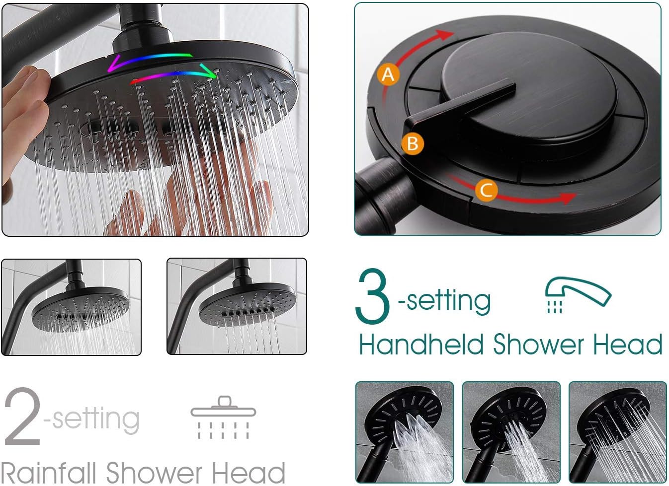BRIGHT SHOWERS Rain Shower Head Combo with High Pressure Handheld Shower Head and Solid Brass Rail and Diverter Brass Shower Column and Height Adjustable Slider Oil Rubbed Bronze