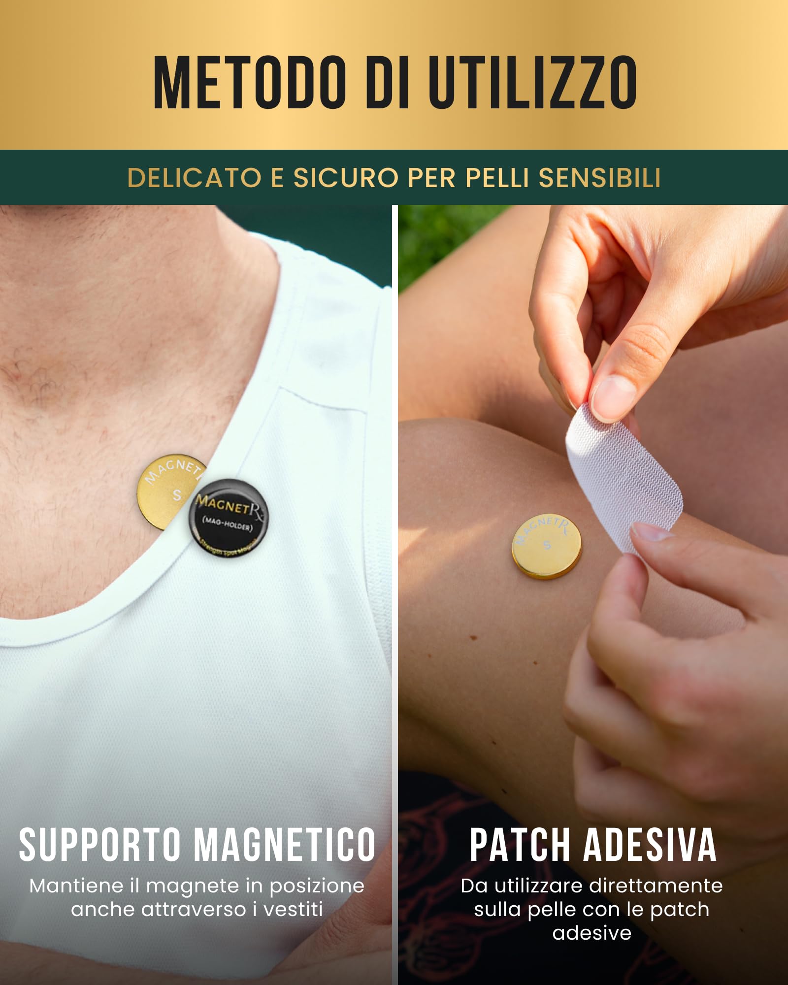 MagnetRX® Set di Magneti per Terapia ad Alta Potenza – Cerotti Magnetici per Dolori di Schiena, Spalle, Ginocchia, Fianchi, Collo e Corpo – Con 2 Magneti Riutilizzabili e 20 Cerotti Adesivi