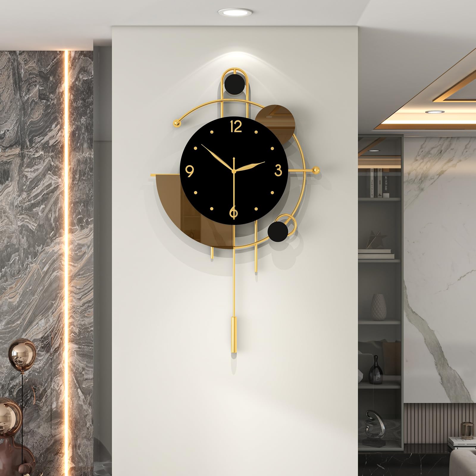 Moderne Wanduhr für Wohnzimmer, Dekoration, große, dekorative goldene Metall-Wanduhr mit Pendel, leise, Qualität, Quarz, große Uhr, batteriebetrieben, nicht tickend, für Küche, Büro
