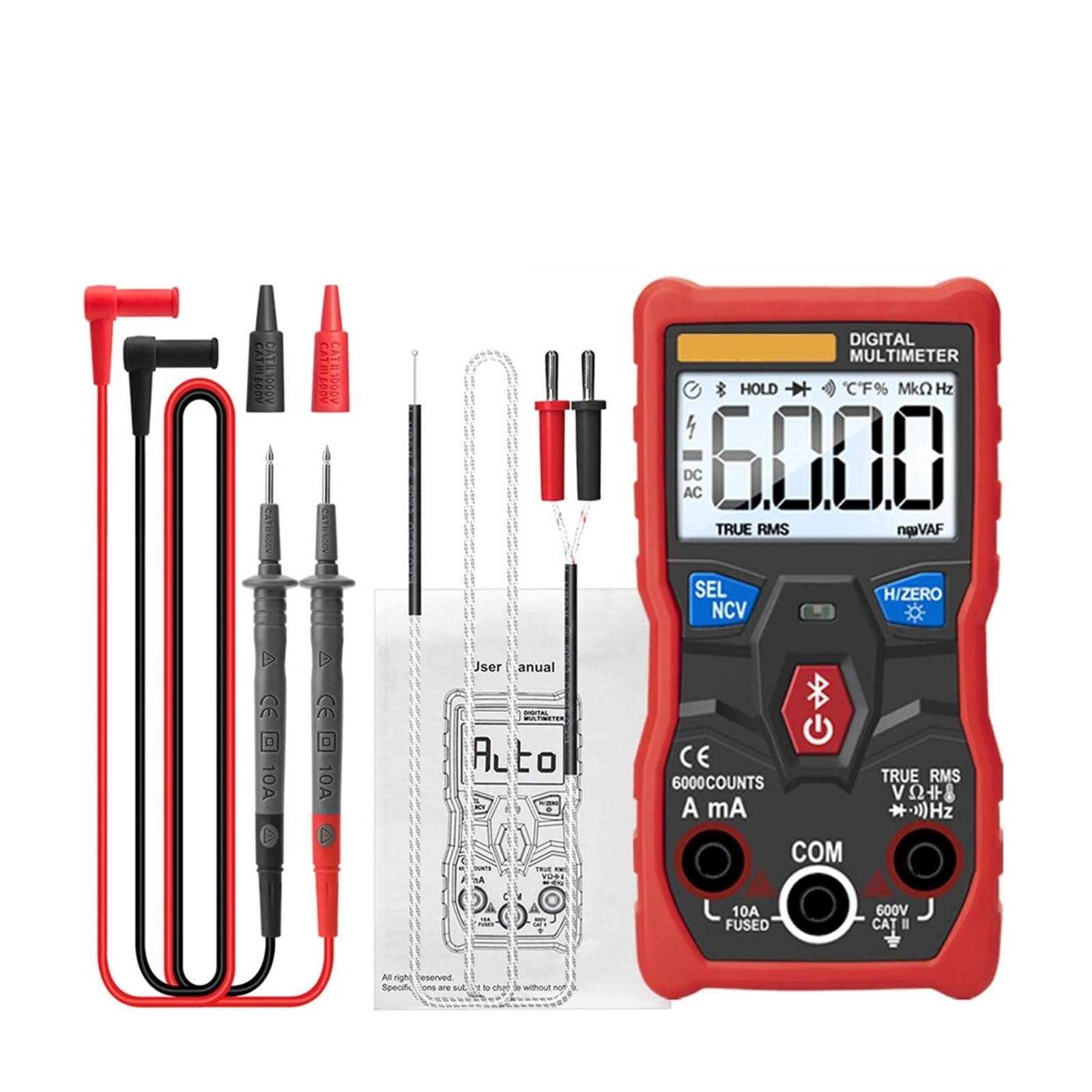 Cyfrowy 6000 Zlicza Profesjonalny Multimetr Analogowy AC/DC Prądy Mini Testery Napięcia True Bluetooth Multimetro Bezpieczny, Praktyczny, DokłAdny(Red)