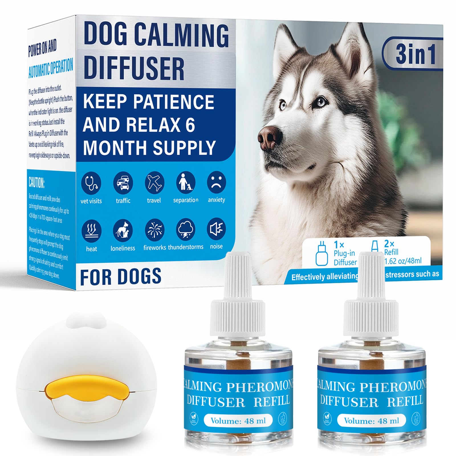 Difusor Calmante de Feromonas para Perros, 1 Difusor + 2×48ml Recargas, Aroma de Hierbas, Calma Ansiedad por Separación/Tormenta/Fuegos Artificiales, Reduce Ladridos/Mordiscos/Marques (1)