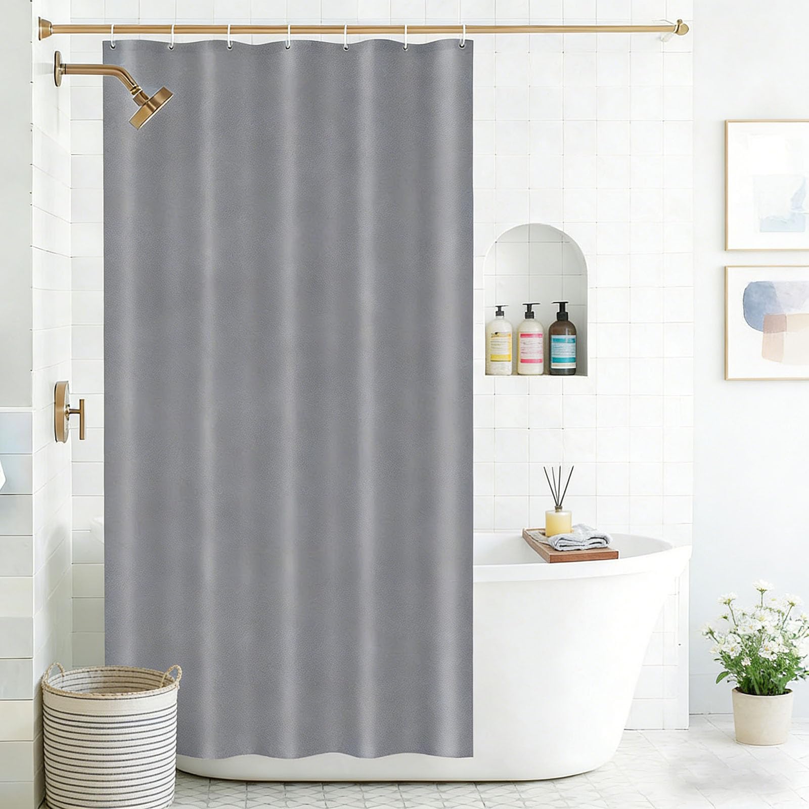 Rideaux baignoire sans percage imperméables en tissu polyester gris