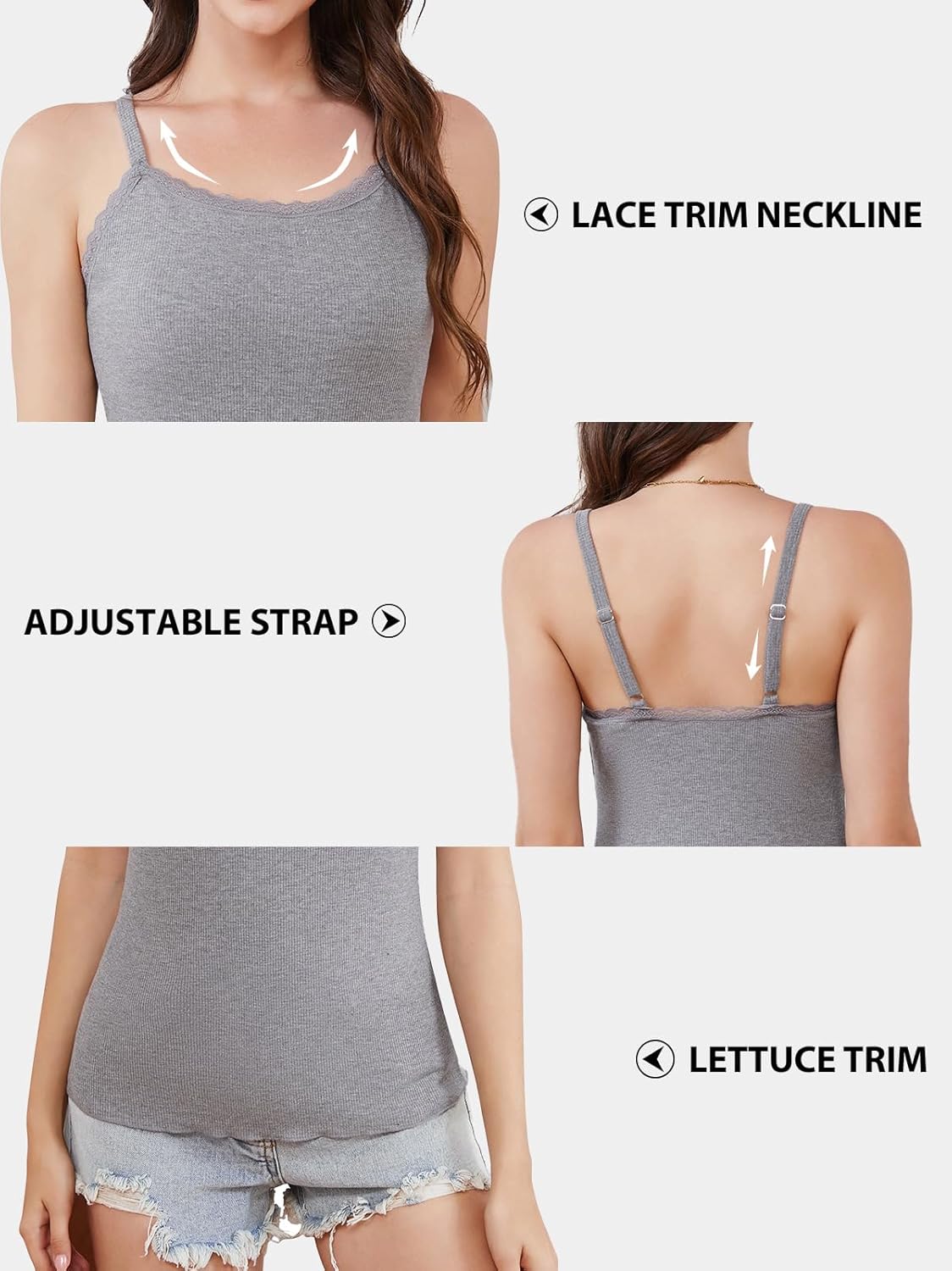 V FOR CITY Women Built-in Bra Camisoles Lace Adjustable Strap Tank Tops Ribbed Cami Undershirts - Image 4