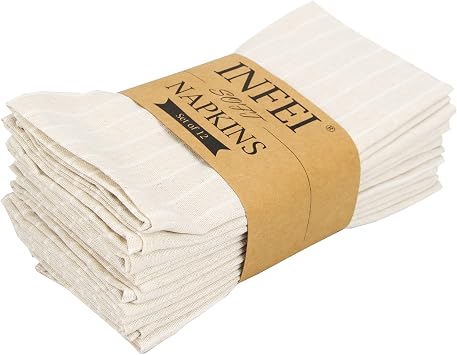 White Striped Linen Cotton Dinner Napkins - Pack of 12 17 x 17 inches - for Events & Home Use Beige