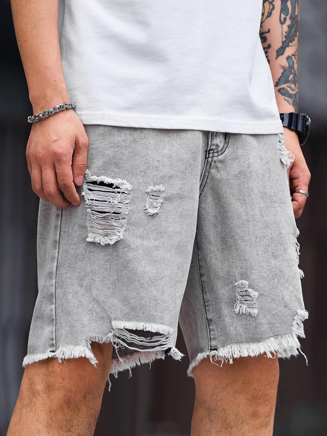 Verdusa Men's Ripped Bermuda Denim Shorts Straight Leg Jean Jorts with Pockets Light Grey X-Large - Image 3