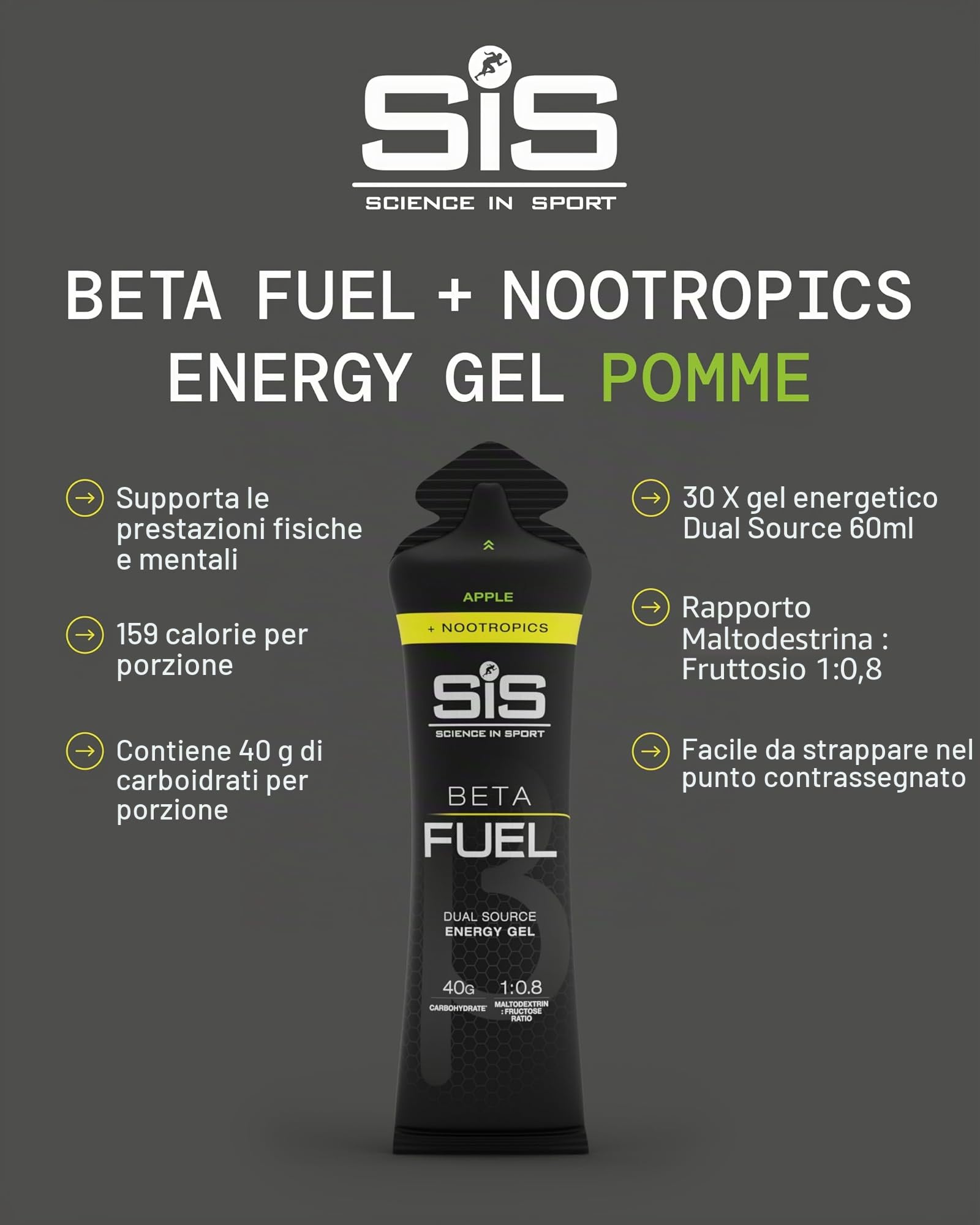 Science in Sport BETA Fuel + Nootropics in gel 30x60ml Mela - Carboidrati energizzanti in gel con 40g di carboidrati, Gel sportivo energetico per lo sport di resistenza