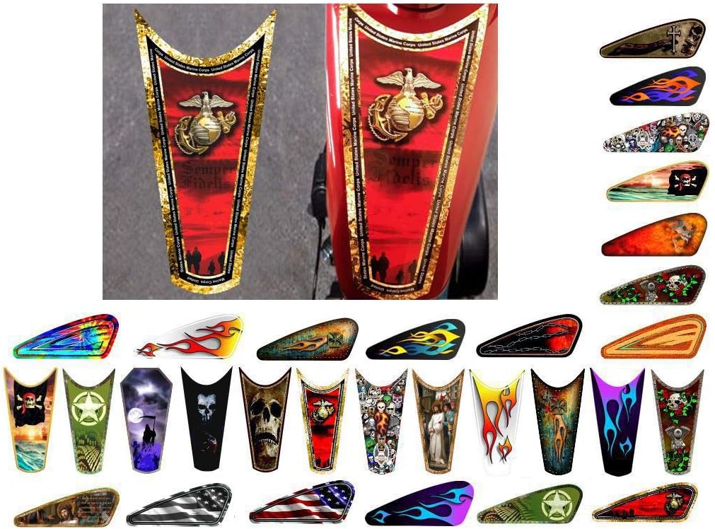 Motorcycle Gas Tank Decals/Sets - for Harley Davidson Sportster Honda Shadow Suzuki Kawasaki Indian Yamaha (Layered Old School Flames - Banana/Blueberry - 2pc Side Tank Decals)