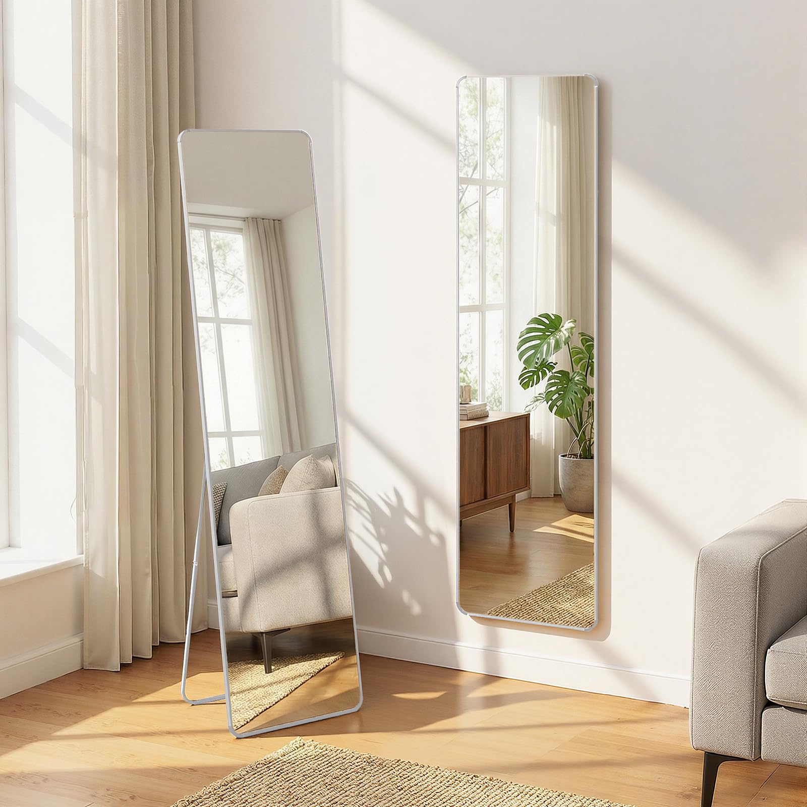 Warmiehomy 155x45cm Full Length Mirror, Rectangle Standing Full Body Long Mirror Hanging or Leaning Against Wall for Bedroom Living Room(Sliver White