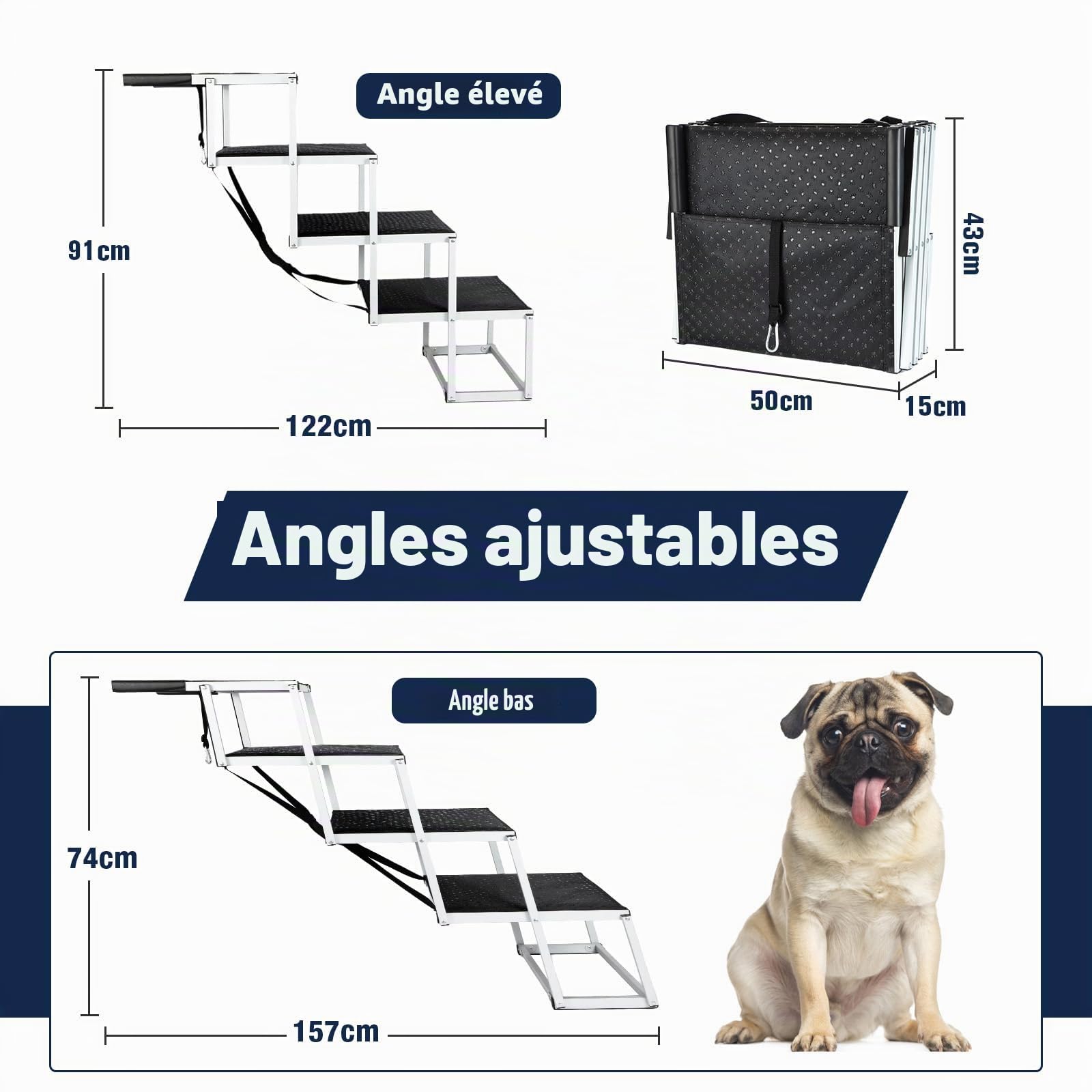 Extra Wide Foldable Dog Car Steps for Large Dogs, Portable Folding Pet Stair Ramp with Non-Slip Rug Surface，Lightweight Dog Ramps for Cars and SUV,Truck, Dog Car Stairs for Large Dogs Up to 115kg