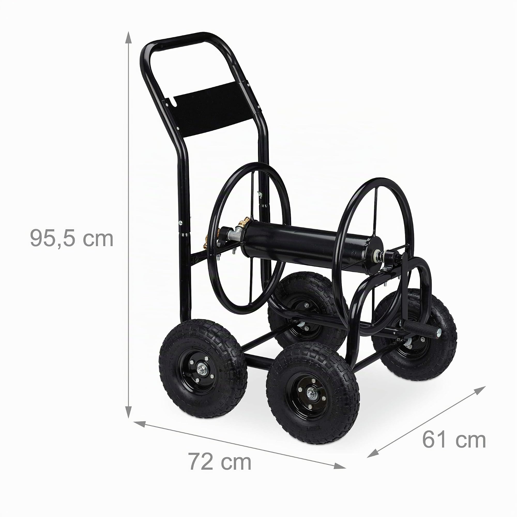 Relaxdays Carro Portamangueras, Recogemangueras Móvil, Metal, para Mangueras de 75 m máx., con Manivela, 4 Ruedas, Negro
