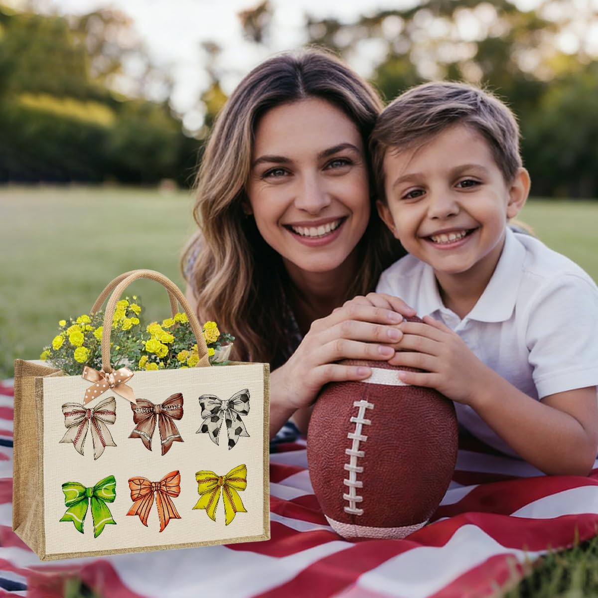Colorful bowknot canvas tote bag for baseball, football, softball and tennis. Made of high- jute canvas, Suitable for exercise, daily commuting, shopping, birthday and Mother's Day gifts. - Image 2