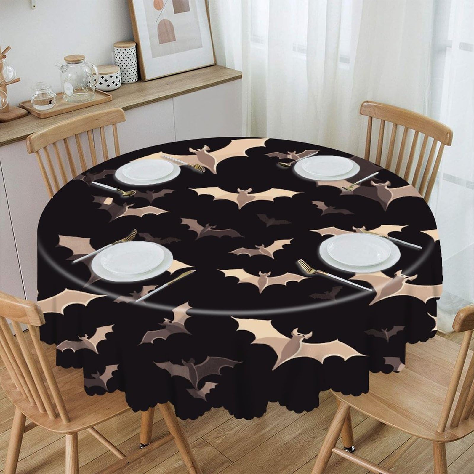 Btcowzrv Style Halloween Flying Bats Polyester Round Tablecloth 59.84 Inch, Decorative Washable Table Cover, Table Cloth For Restaurant Picnic Indoor And Outdoor Dining