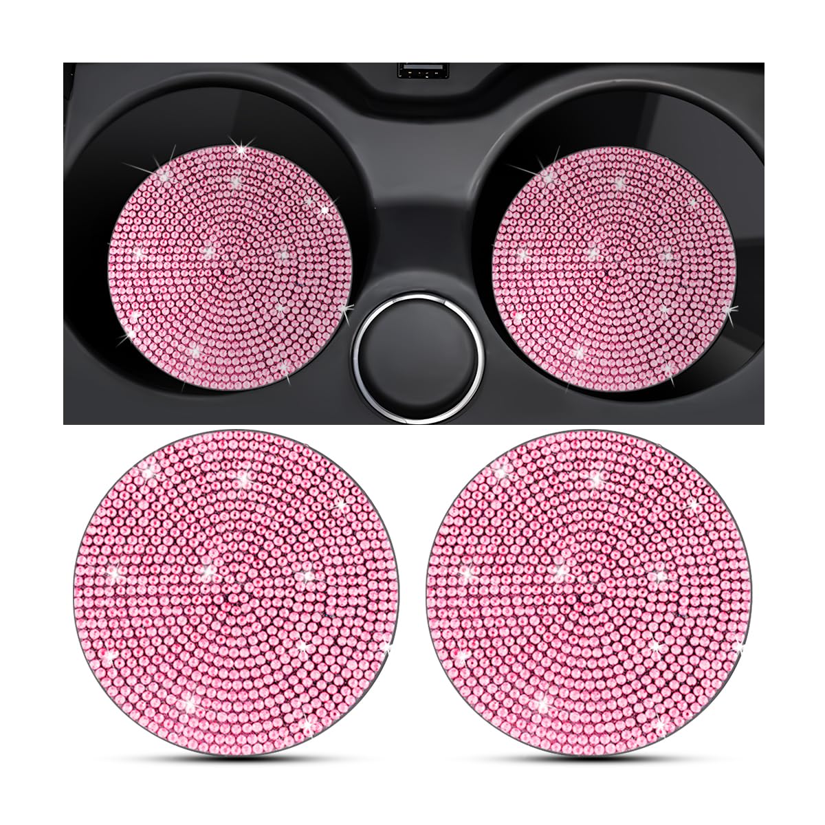 KHGUZ 2PCS Bling Car Cup Holder Coaster, Crystal Rhinestone Non-Slip Insert Auto Cup Pads, Sparkling Vehicle Decor Bottle Mat Accessories for Women Girls, Universal for RV, SUV, Truck (Pink)