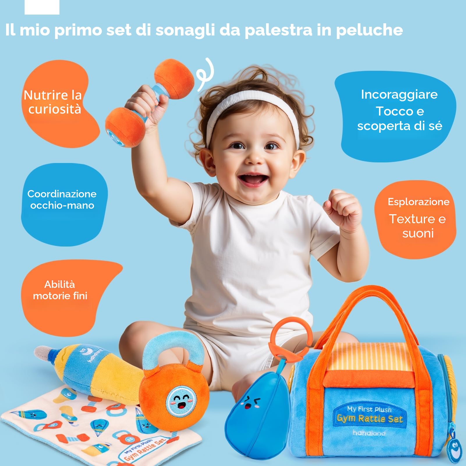hahaland Giochi Montessori 6 Mesi, 6 PCS Set Peluche Fitness per Neonati con Sonagli e Specchio, Tummy Time Neonato Giochi Sensoriali per Neonati, 2025 Nuovo Design Set Regalo Neonato 3 6 9 12 Mesi