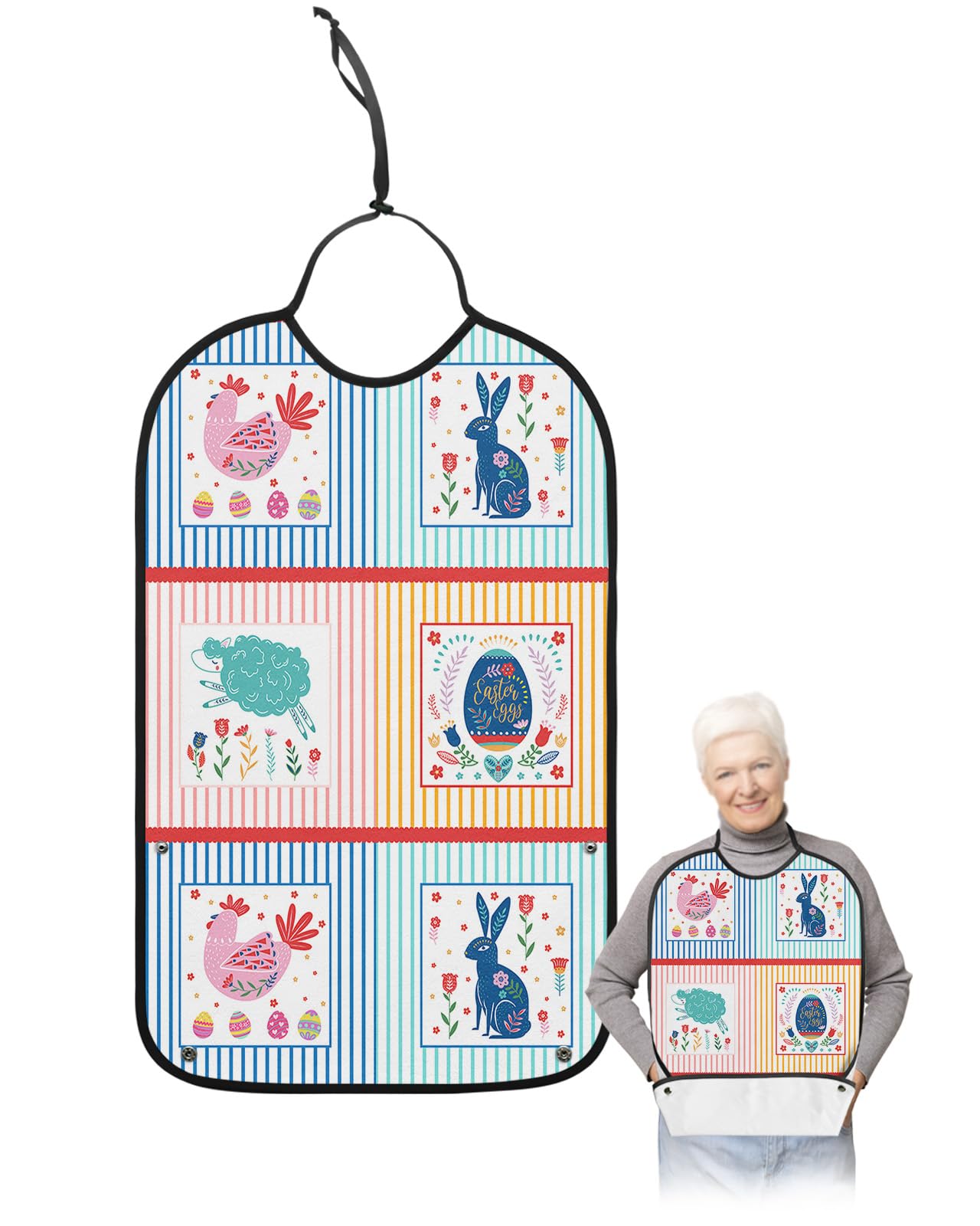 Spring Easter Adult Bibs for Eating, Waterproof Bibs with Food Catcher & Adjustable Snap Closure, Stripe Flower Rooster Bunny Sheep Eggs Splicing Clothing Protectors Adult Bibs for Elderly Women/Men