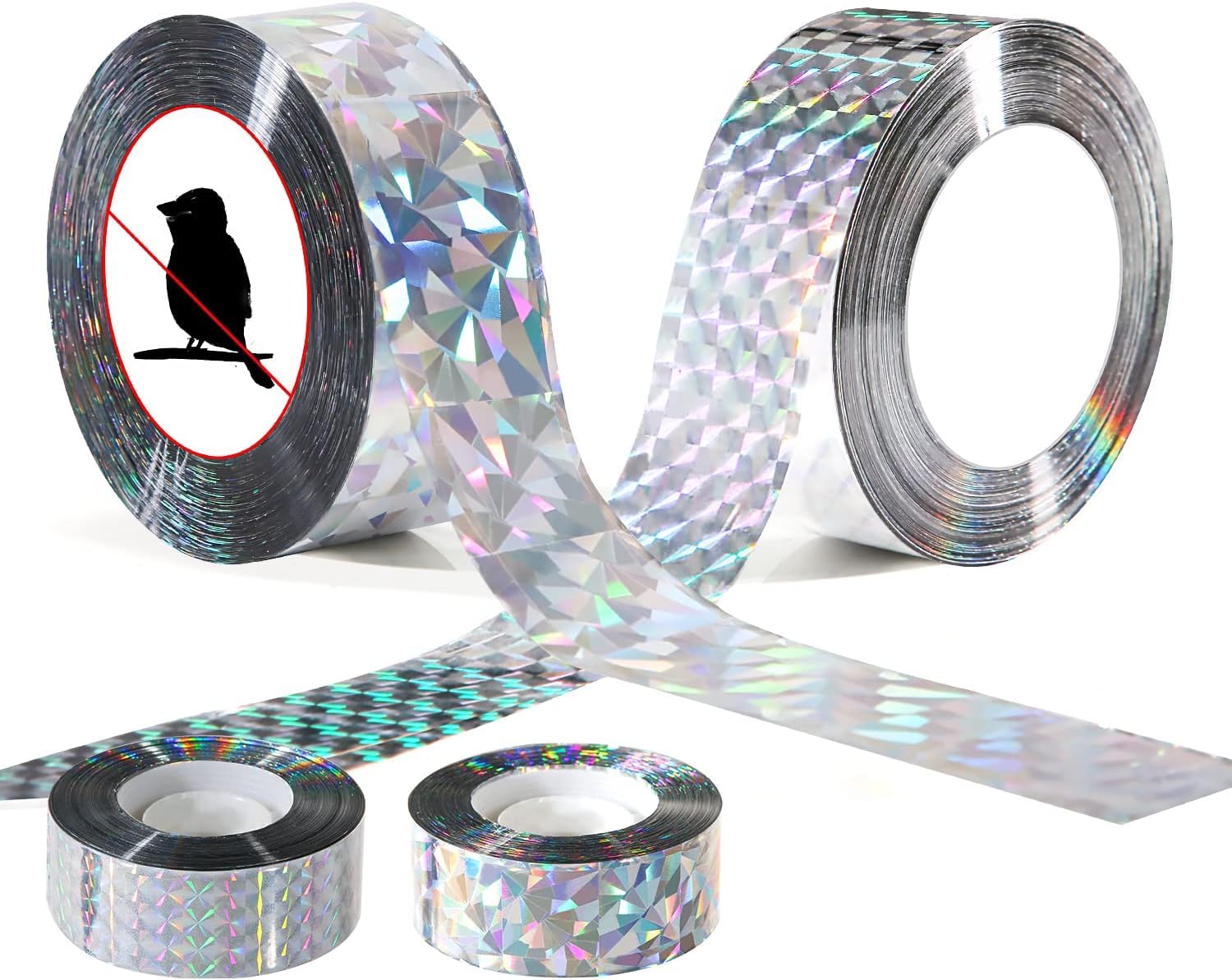 SYOSI Bird Scare Tape Ribbon, 2Pcs PET Double Side Reflective Ribbon Tape, Laser Bird Scare Repellent Flash Double Sided Reflective Holographic Tape to Keep Away Woodpecker, Pigeons,110m*4.8cm