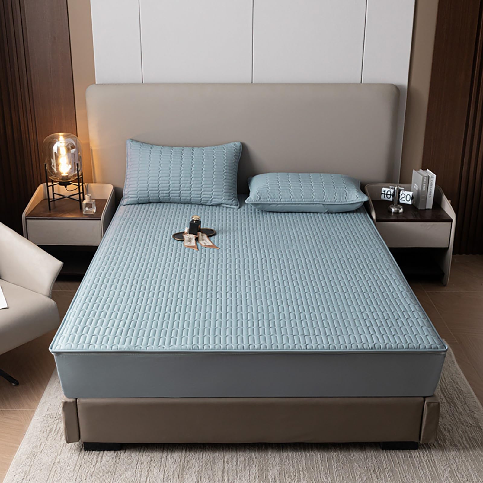 Cubrecolchón Acolchado 6 Lados Totalmente Envolvente con Cremalleras, Funda de Colchón Transpirable y Lavable Extraíble, Diseño Ajustable Sin Función Impermeable(Azul,180x210x20cm)