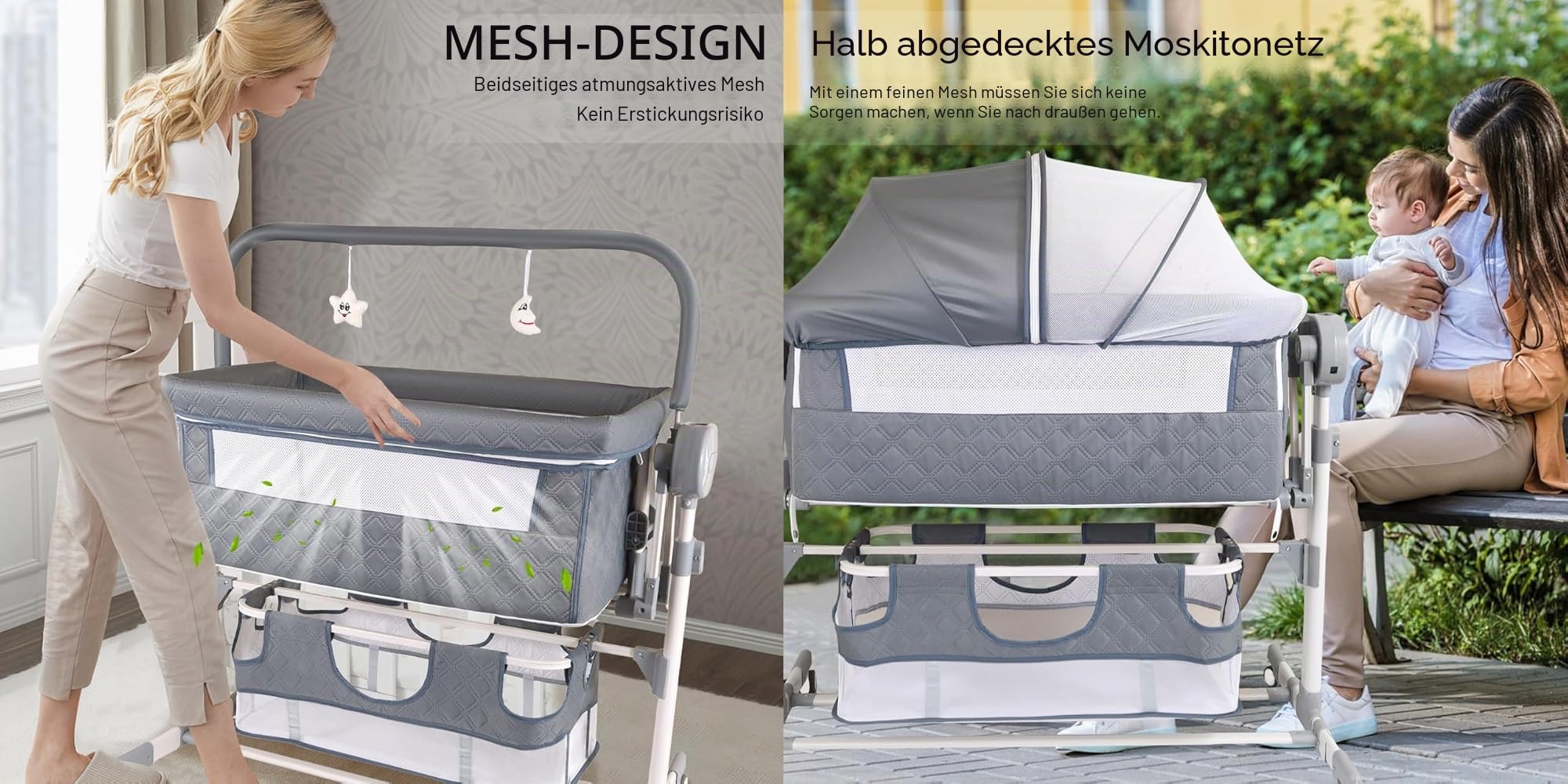 Magic ZC Elektrische Bluetooth Intelligent Beistellbett Baby mit Rollen, Faltbar Co-Sleeping Babybett, Fernbedienung und 5-schwankende Zahnräder, Stubenwagen Kleinkind Wiege mit Musik (608 Khaki)