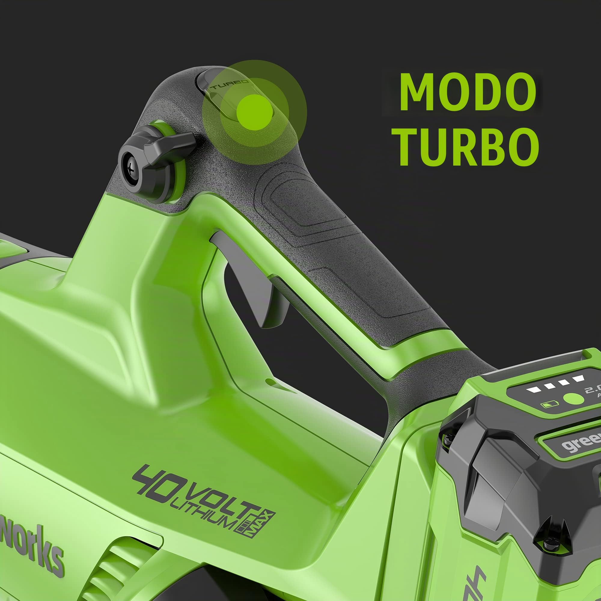 Greenworks 40 V Soplador inalámbrico, Volumen de Aire 14,2 m³/ min, Velocidad del Aire 193,1 km/h, Velocidad Infinitamente Variable (con 2Ah Batería y Cargador) | Volumen de aire: 14,2 m³/min, velocidad del aire: 193,1 km/h, velocidad continua