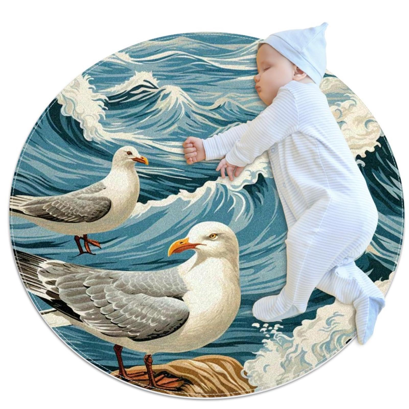 Tapis de salle de bain rond antidérapant 1m, motif mouette mer vague et pierre