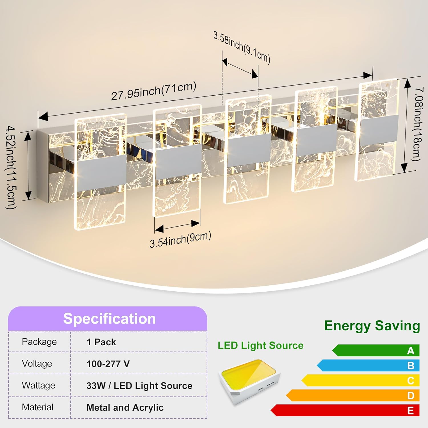 Modern LED Bathroom Light Fixtures Dimmable 5-Light Chrome Vanity Light, 5CCT Adjustable Lighting Fixture Vanity Lights Over Mirror, Smoked Acrylic LED Vanity Lights for Bathroom