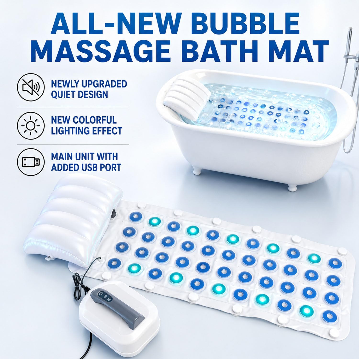 DowPie Farbwechsel LED Blasenmatte für Badewanne, Heim Spa Zubehör 110v | Aufblasbares Nackenkissen, rutschfeste Saugnäpfe, flexibles wasserdichtes PVC – leicht reinigen und schnell trocknen