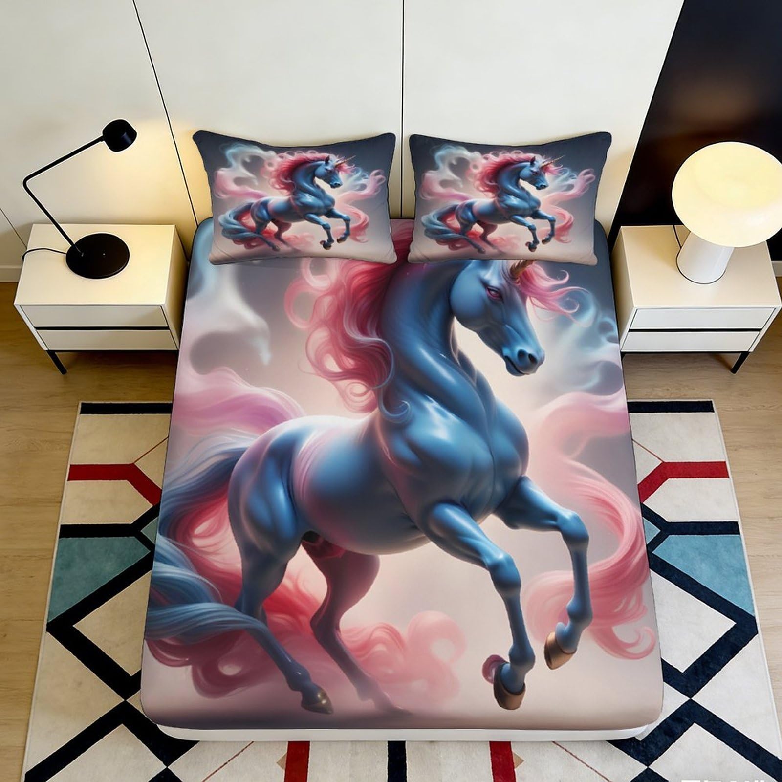 3D Printed Blue Unicorn Fitted Sheet Microfiber Soft Breathable Pink Mane Bed Cover for Bedroom Dormitory Guest Room Mattress Protection Decor 140x200x25cm