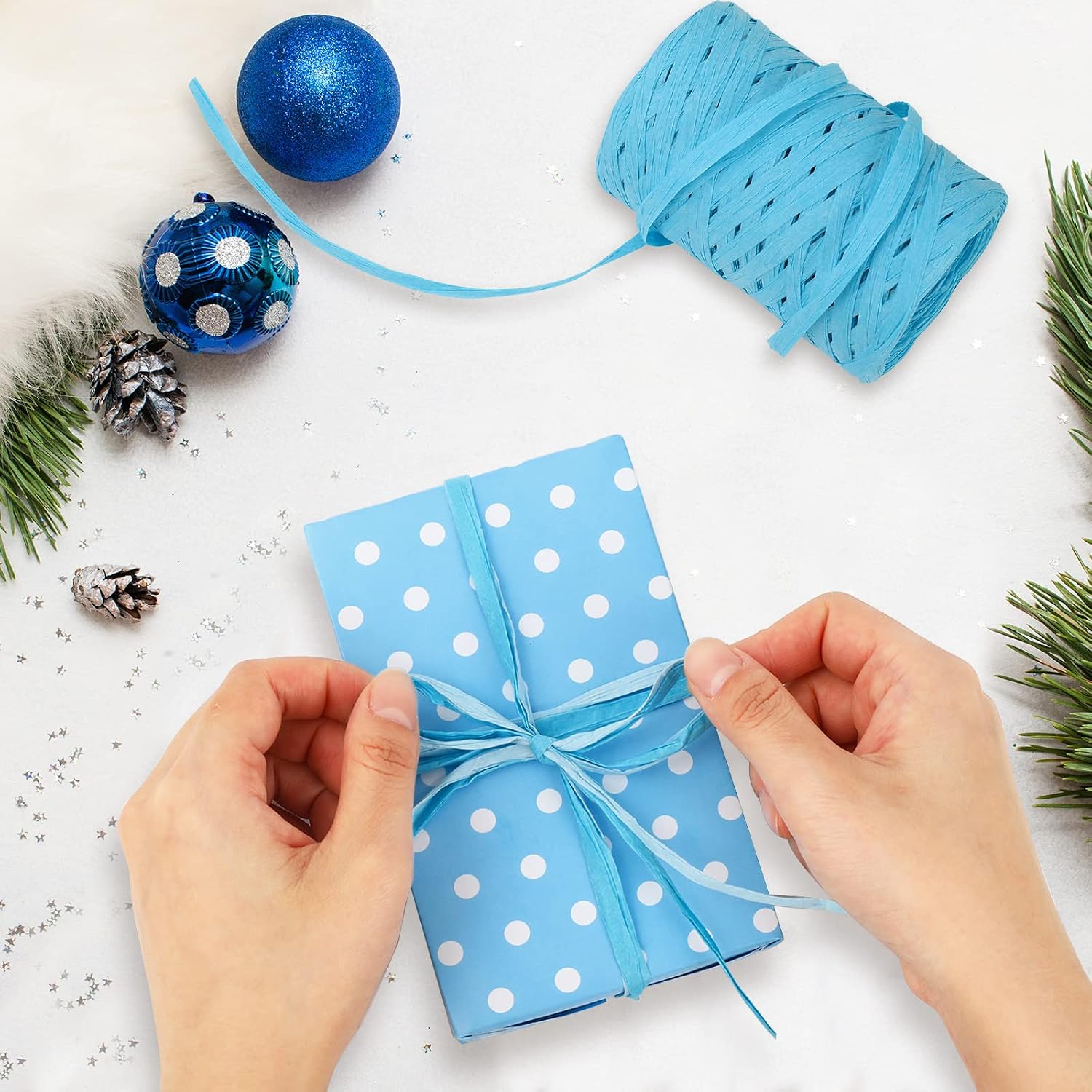 Whaline 984Ft Gradient Blue Raffia Ribbons Blue Series Raffia Paper String Gift Box Packing Rope Colored Paper Twine Wrapping Ribbons for Winter Daily Art Craft DIY Wrapping Cake Cookie Decor, 3 Roll