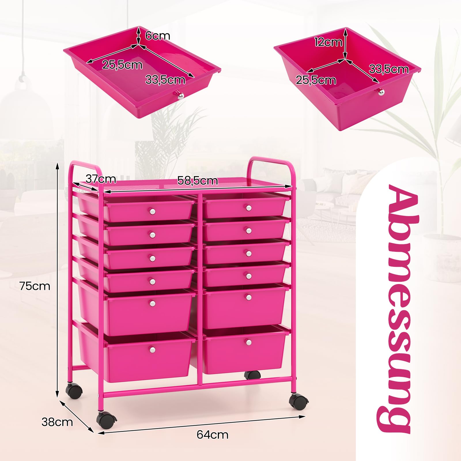 GOPLUS Rollwagen Schubladenwagen, Rollcontainer mit 12 stapelbaren Schubladen, Haushaltwagen auf Rollen mit Bremsen, Badtrolley Badregal, Aufbewahrungswagen für Heim und Büro (Hot Pink)